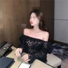 Lace Puff-sleeve Blouse Black - One Size