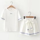 Letter Embroidered Short-sleeve T-shirt / Ribbon Shorts / Set