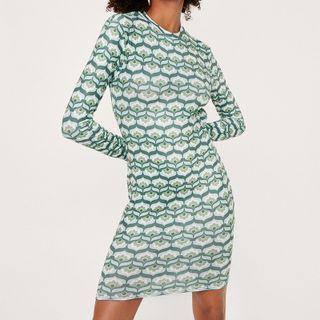 Long-sleeve Open Back Patterned Mini Sheath Dress