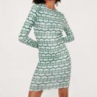 Long-sleeve Open Back Patterned Mini Sheath Dress