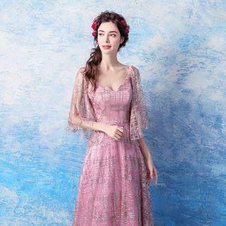 Sequin Flutter-sleeve A-line Evening Gown