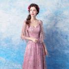 Sequin Flutter-sleeve A-line Evening Gown