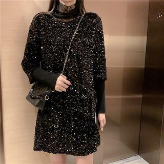 Lace Long-sleeve Slim-fit Knit Top / Glittered Dress