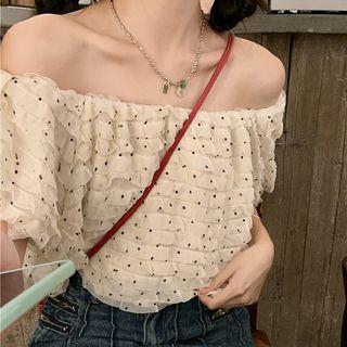 Short-sleeve Off-shoulder Dotted Chiffon Blouse