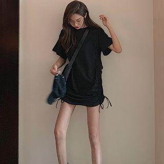 Elbow-sleeve Drawstring Mini T-shirt Dress