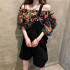 Lantern-sleeve Off-shoulder Floral Blouse / Plain Playsuit