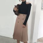 Cut Out Shoulder Long Sleeve T-shirt / Buttoned Midi Skirt