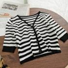 Striped V-neck Knit Cropped Top Black - One Size