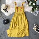 Spaghetti Strap Embroidered Midi A-line Dress