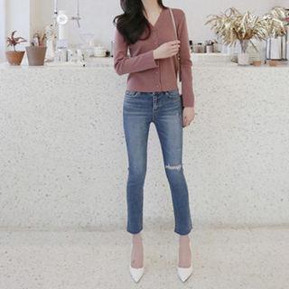 Slit-trim Fray-hem Straight-cut Jeans