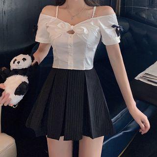 Bow Accent Cold-shoulder Blouse / Striped Mini Pleated Skirt