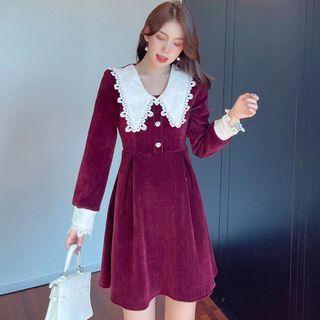 Long-sleeve Collar Lace Trim A-line Dress
