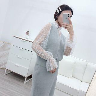 Lace Bell-sleeve Long-sleeve Blouse White - One Size