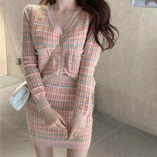 Set: Checker V-neck Knit Top + Mini Pencil Skirt As Figure - One Size