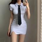 Set: Short-sleeve Collared Slit Mini Sheath Dress + Necktie