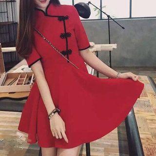 Mandarin Collar Elbow-sleeve A-line Dress