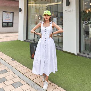 Beribboned-strap Buttoned Long Pinafore Dress
