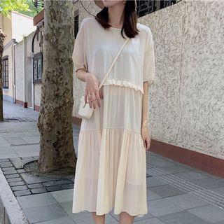 Short-sleeve Ruffled Trim Dress Almond - One Size