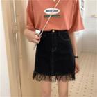 Dotted Mesh Trim A-line Denim Skirt