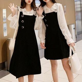 Set: Long-sleeve Chiffon Blouse + A-line Pinafore Dress