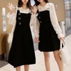 Set: Long-sleeve Chiffon Blouse + A-line Pinafore Dress
