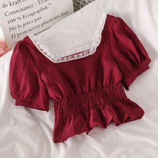 Frilled Short-sleeve Slim-fit Top Red - One Size