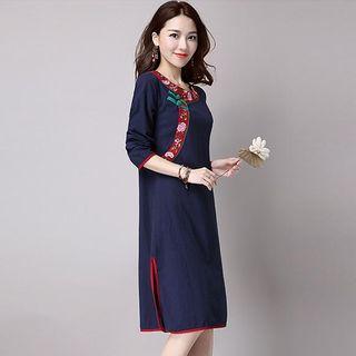 Flower Embroidered Side Slit Long Sleeve Midi Dress