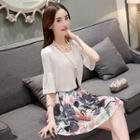Set: Plain Bell-sleeve Top + Floral Print A-line Skirt