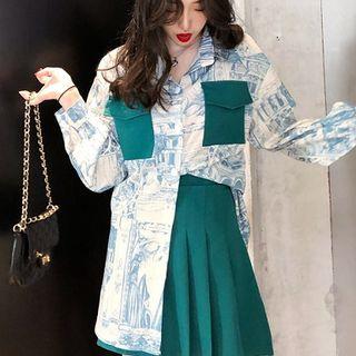 Long-sleeve Printed Shirt / A-line Mini Pleated Skirt