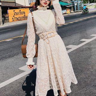 Mock-turtleneck A-line Plain Lace Sheath Dress