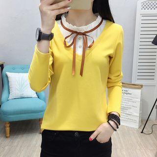 Mock Two-piece Long-sleeve Ribbon-neck Top