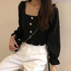 Long-sleeve Square-neck Buttoned Ruffled Top