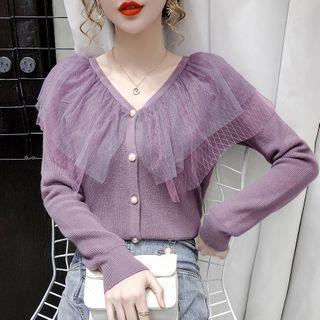 V-neck Mesh Panel Cardigan