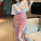 Elbow-sleeve Lettering T-shirt / Drawstring Slit Midi Pencil Skirt