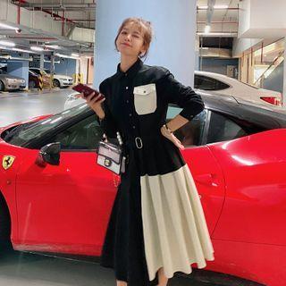 Long-sleeve Two Tone Pleated Dress