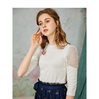 Sheer Panel 3/4-sleeve T-shirt