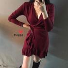 Frill Hem Long Sleeve Wrap Dress