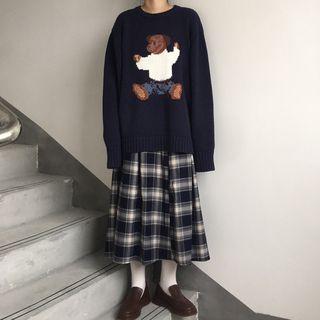 Printed Sweater / Plaid A-line Midi Skirt