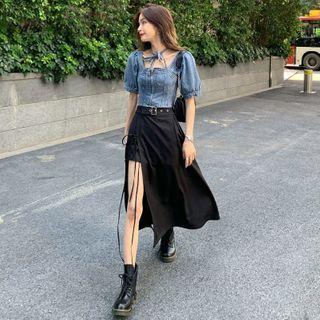 Short-sleeve Denim Top / Side-slit Midi A-line Skirt