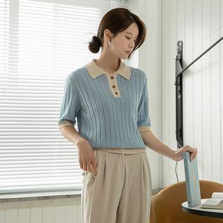 Contrast-collar Boucl  Knit Polo Shirt