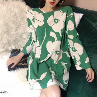 Long-sleeve Floral Print Mini Dress As Shown In Figure - One Size