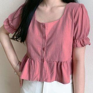 Square-neck Puff-sleeve Ruffle Hem Blouse