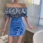 Off-shoulder Floral Print Blouse / Ruffled Mini Pencil Skirt