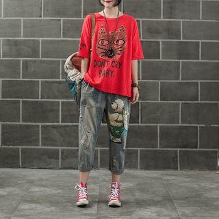 Bear Print Cropped Straight-cut Jeans