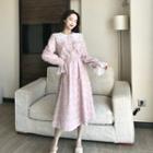 Long-sleeve Mesh Panel Furry Midi A-line Dress Pink - One Size