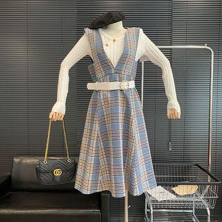 V-neck Plaid A-line Overall Dress