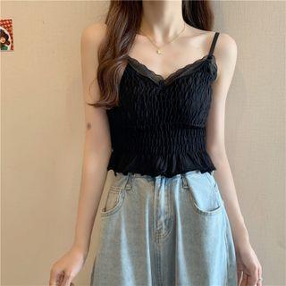 Lace Trim Shirred Camisole / Long-sleeve Plain Light Cardigan