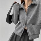 Collared Zipper Cardigan With Pockets In 5 Colors