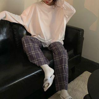 Plain Sweatshirt / Plaid Wide-leg Pants