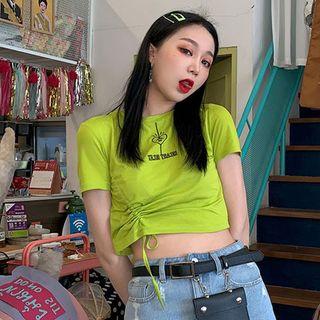 Short-sleeve Heart Print Drawstring Cropped T-shirt